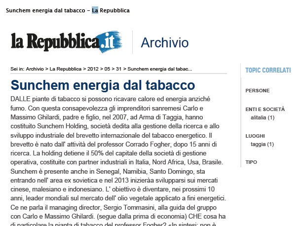 Sunchem – Energia dal tabacco – La Repubblica 31 05 2012
